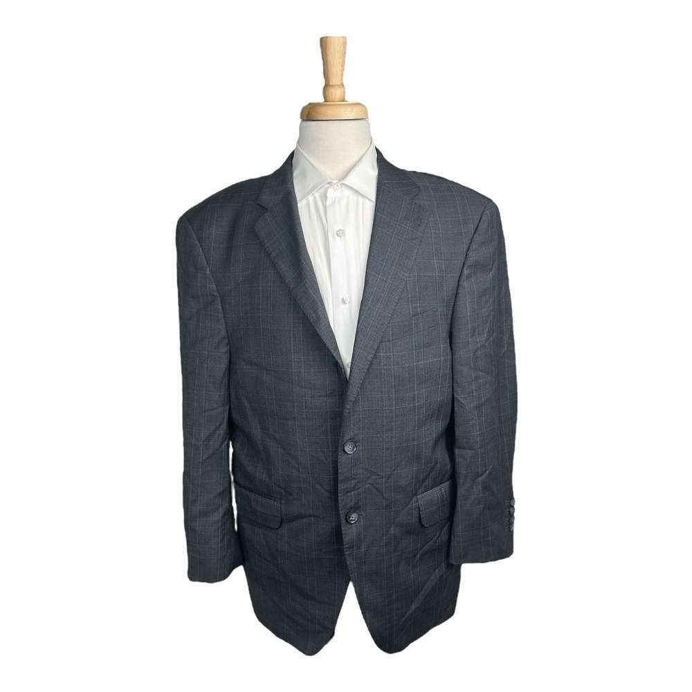 Peter Millar Gray Blue Checked Wool Mens Blazer Jacket 46R Made in Canada